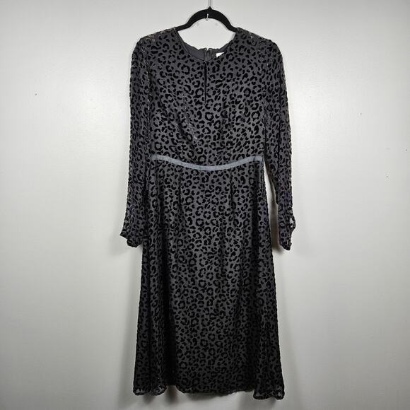 Boden Velvet Burnout Leopard Midi Dress Keyhole Neck Long Sleeve Black 8 Silk - Picture 2 of 11